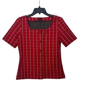 Ann Taylor Tweed Square Neck Button Shirt In Red Plaid Women's size XS